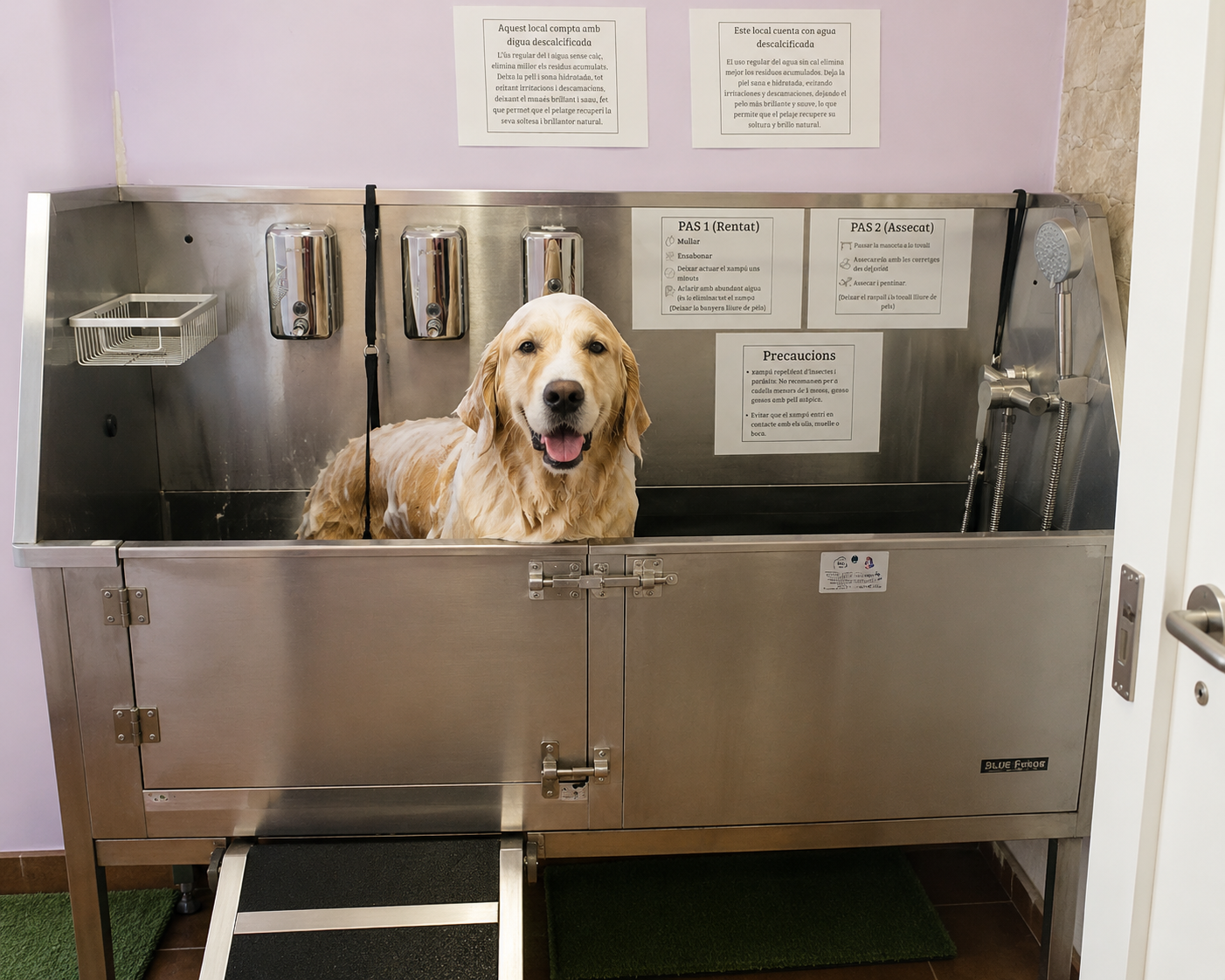 Golden Retriever durante el lavado en la bañera de Dog Bubble, autolavado de mascotas en Barcelona.